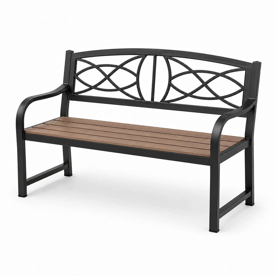 Banc de jardin 2 places 120 × 60 × 90 cm en métal noir avec assise marron et dossier ajouré