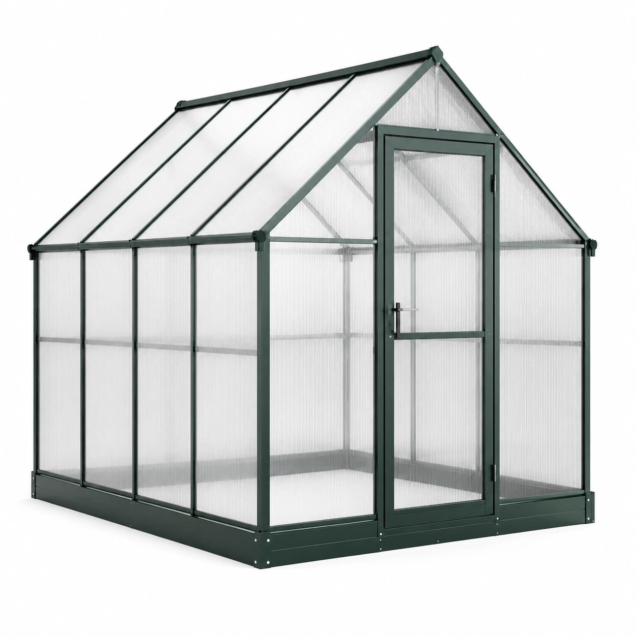 Serre de jardin en aluminium vert foncé et polycarbonate translucide, 190 × 250 × 195 cm, avec porte battante