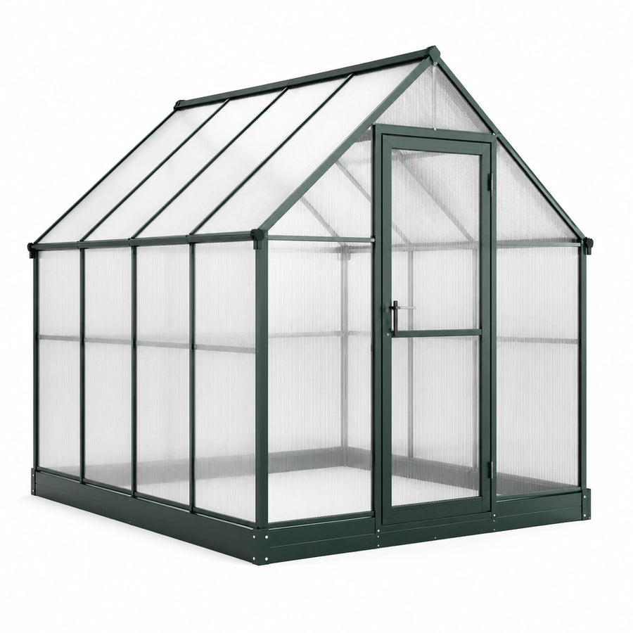 Serre de jardin en aluminium vert foncé et polycarbonate translucide, 190 × 250 × 195 cm, avec porte battante