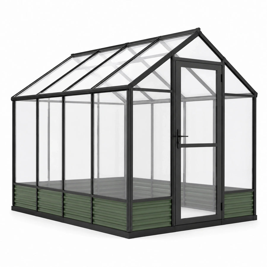 Serre de jardin en aluminium et polycarbonate 250 × 190 × 195 cm, vert, anthracite et transparent, avec porte battante