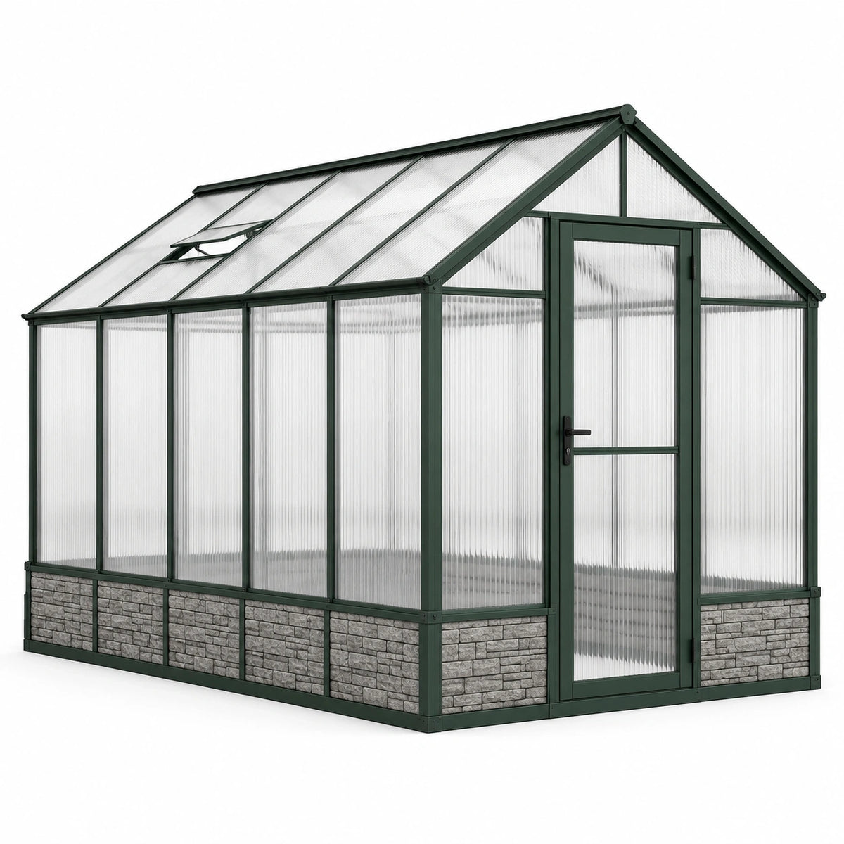 Serre de jardin en aluminium vert et polycarbonate translucide, 250 × 190 × 205 cm, avec porte battante et lucarne de toit