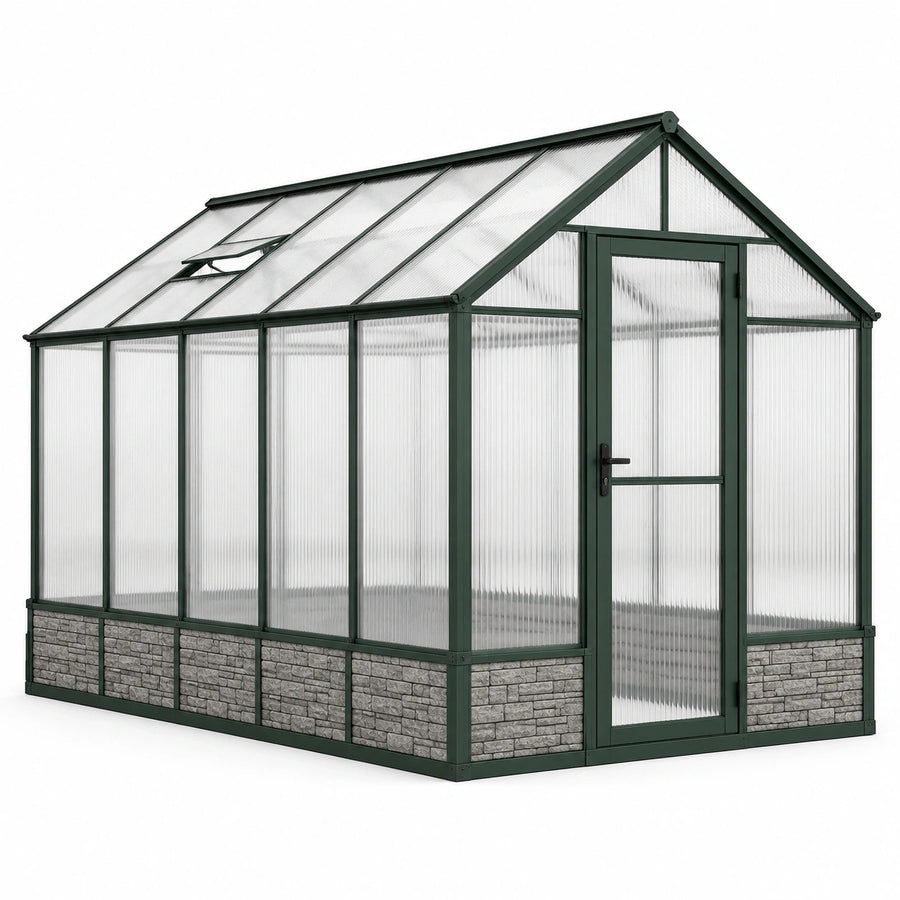 Serre de jardin en aluminium vert et polycarbonate translucide, 250 × 190 × 205 cm, avec porte battante et lucarne de toit