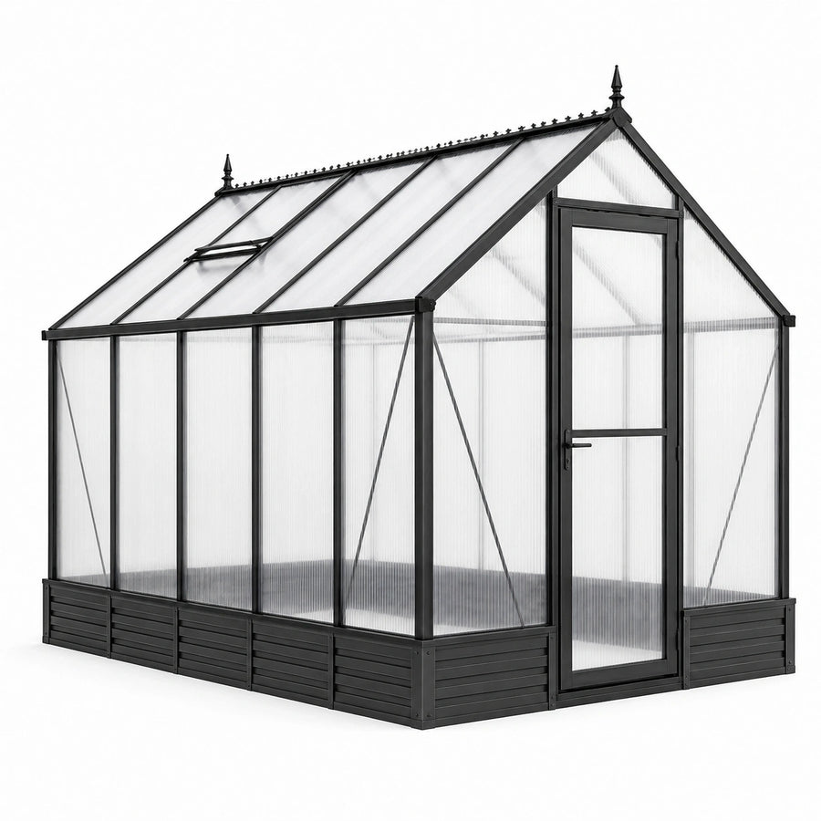 Serre de jardin en aluminium noir et polycarbonate translucide 310 × 190 × 220 cm avec porte battante et lucarne de toit