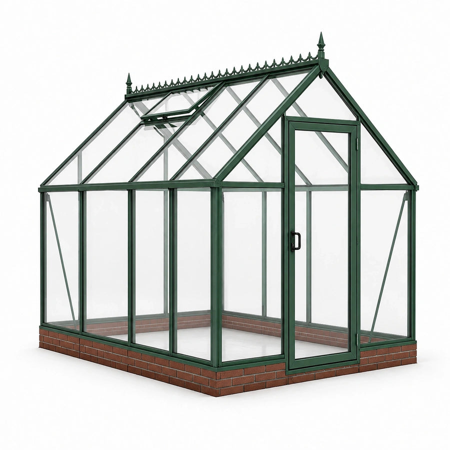 Serre de jardin victorienne en aluminium vert foncé avec panneaux transparents, porte et lucarne, 250 × 190 × 240 cm