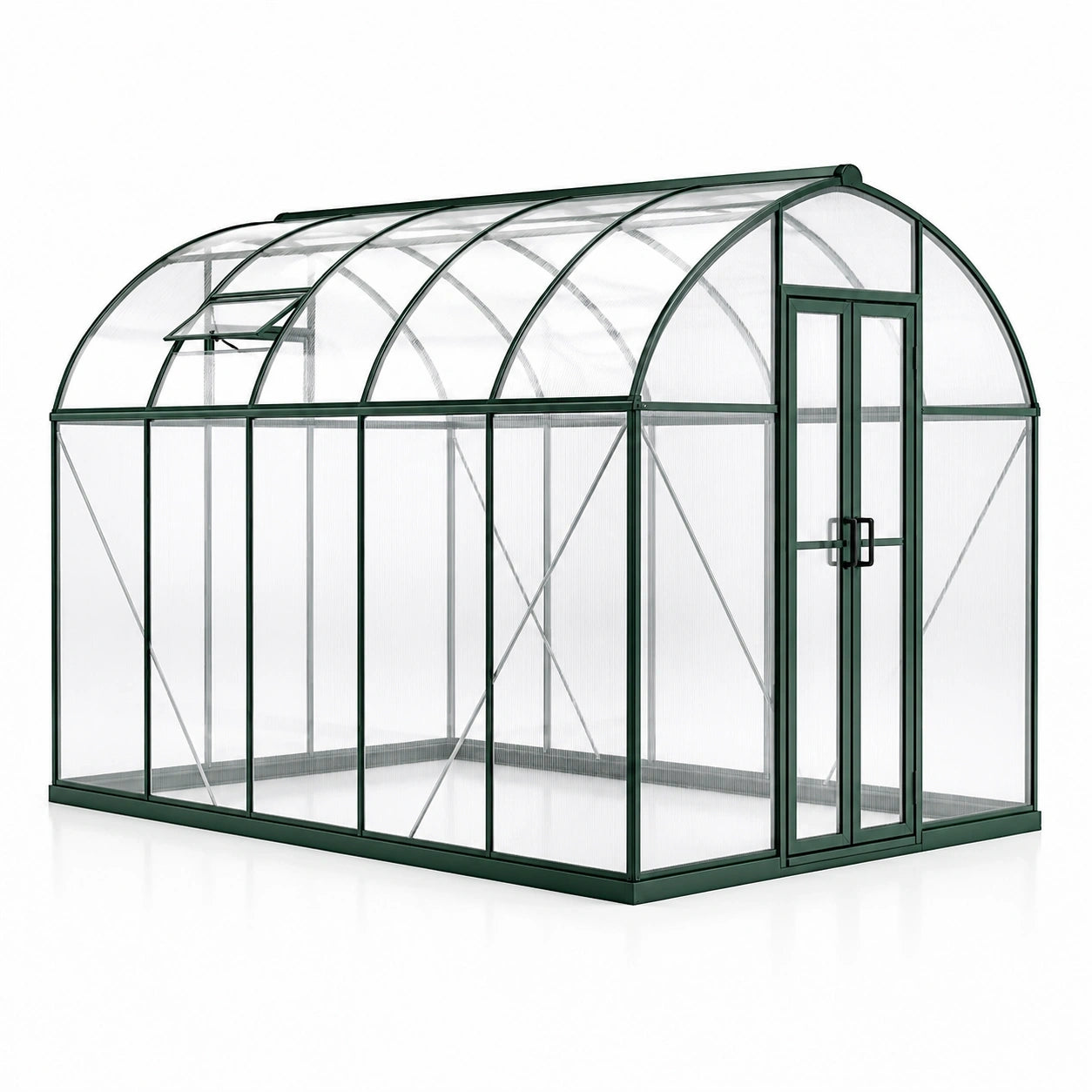 Serre de jardin en aluminium vert et polycarbonate translucide, 250 × 190 × 195 cm, double porte et lucarne