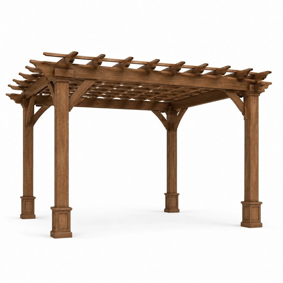 Pergola autoportante en bois massif brun avec toit ajouré, 488 × 366 × 310 cm