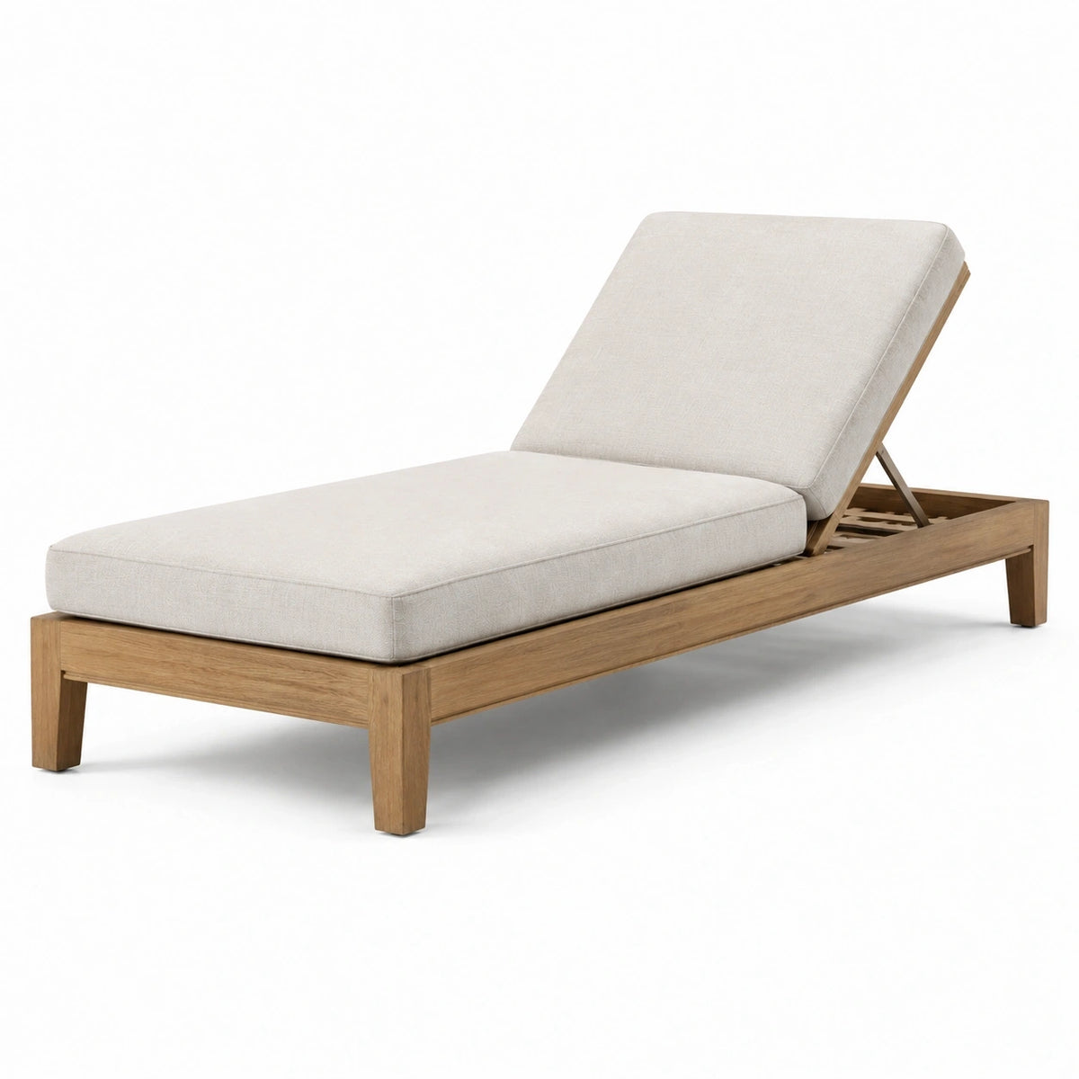 Bain de soleil réglable en bois brun clair et tissu beige, 200 x 75 x 85 cm