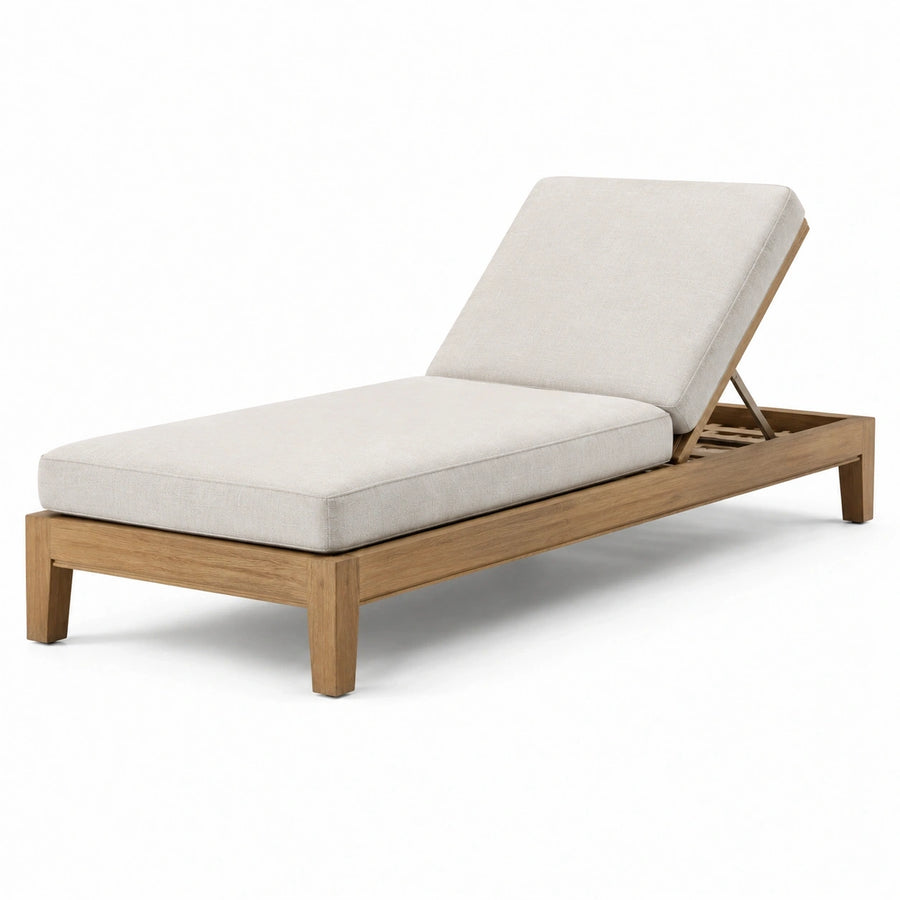 Bain de soleil réglable en bois brun clair et tissu beige, 200 x 75 x 85 cm