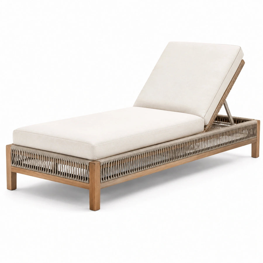 Bain de soleil à dossier réglable en bois naturel et corde tressée beige, 200 × 75 × 95 cm