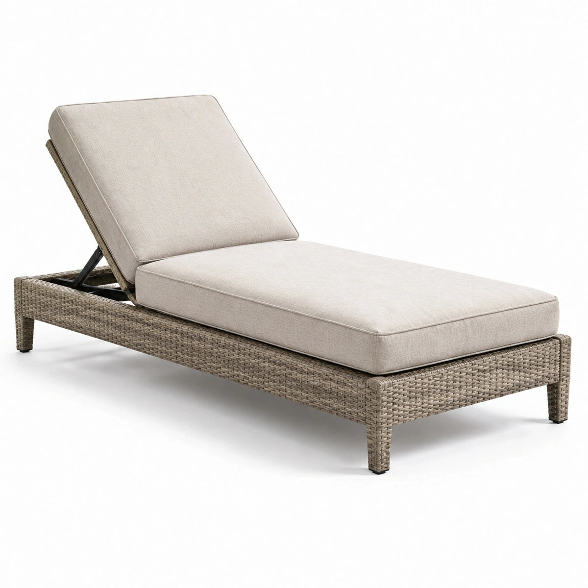 Bain de soleil taupe en résine tressée avec matelas beige et dossier réglable, 200 × 75 × 98 cm