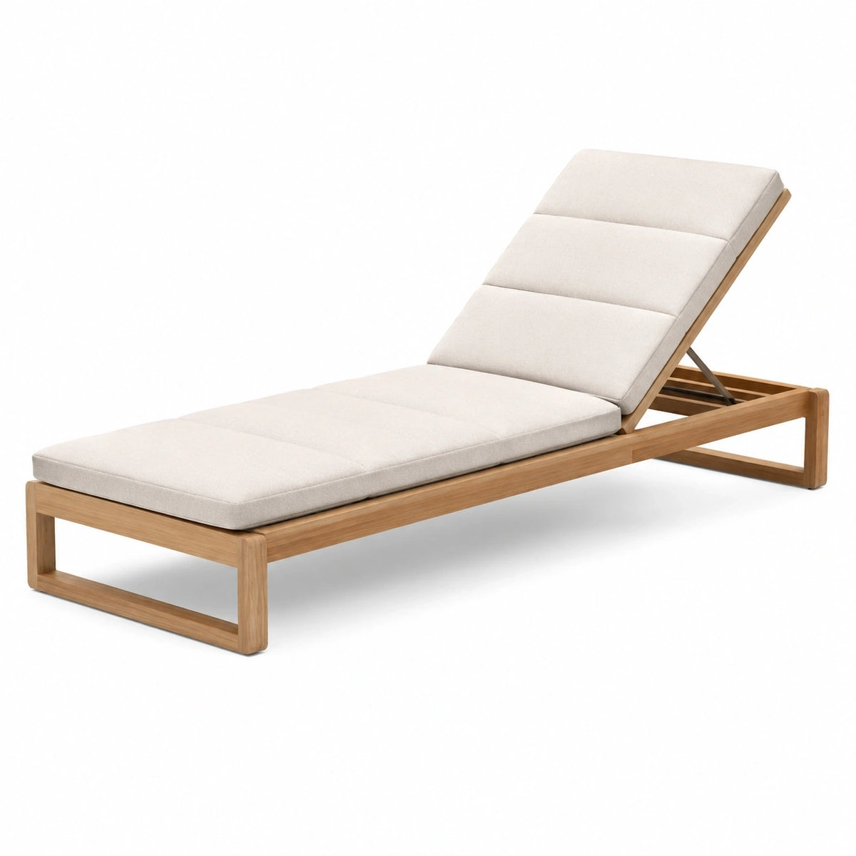 Bain de soleil à dossier inclinable en bois naturel et tissu beige, 200 × 70 × 35 cm