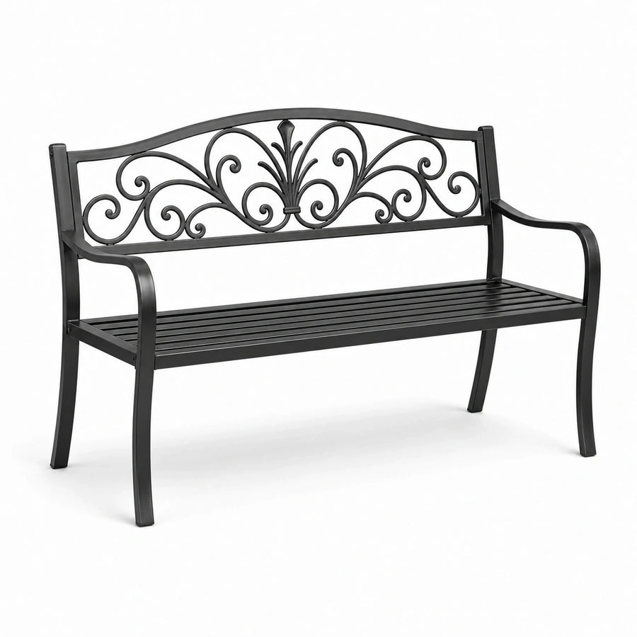 Banc de jardin 2 places en métal noir avec dossier ornemental, 127 × 60 × 85 cm
