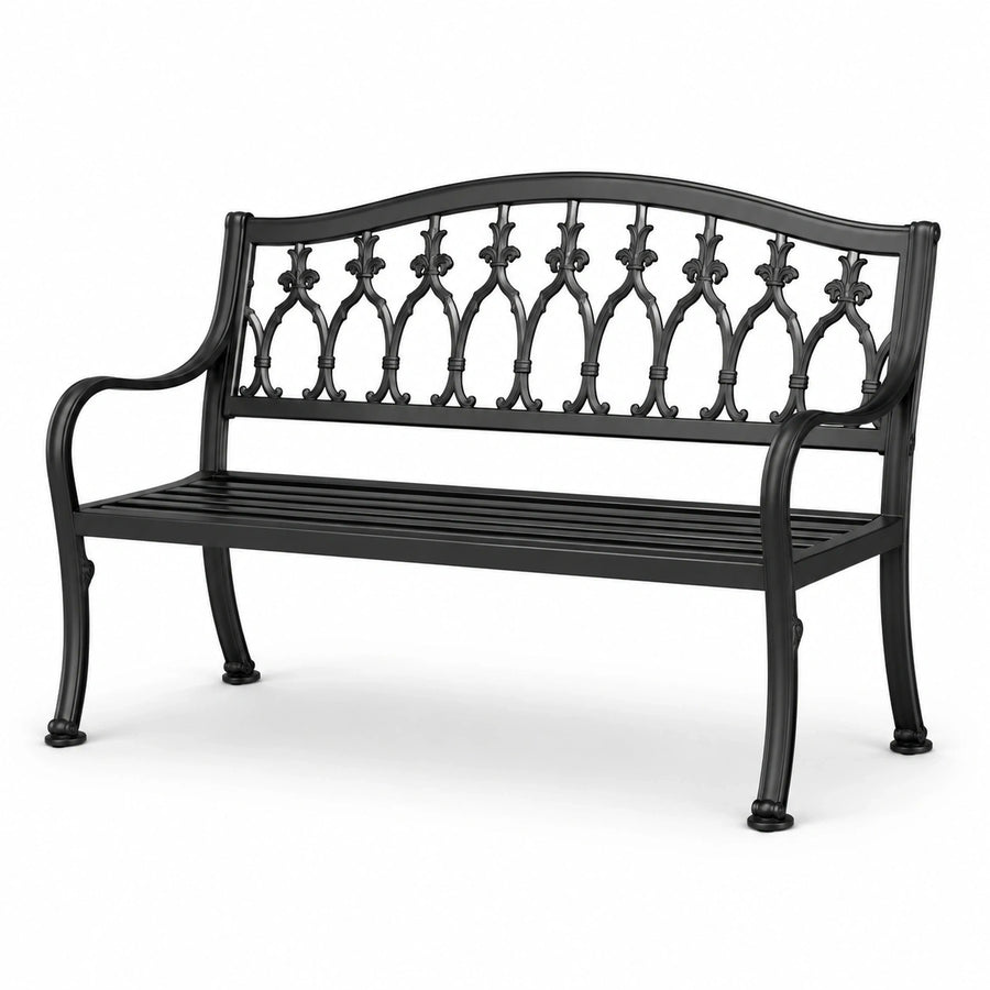Banc de jardin en métal noir à 2 places avec dossier ornemental, 127 × 58 × 87 cm