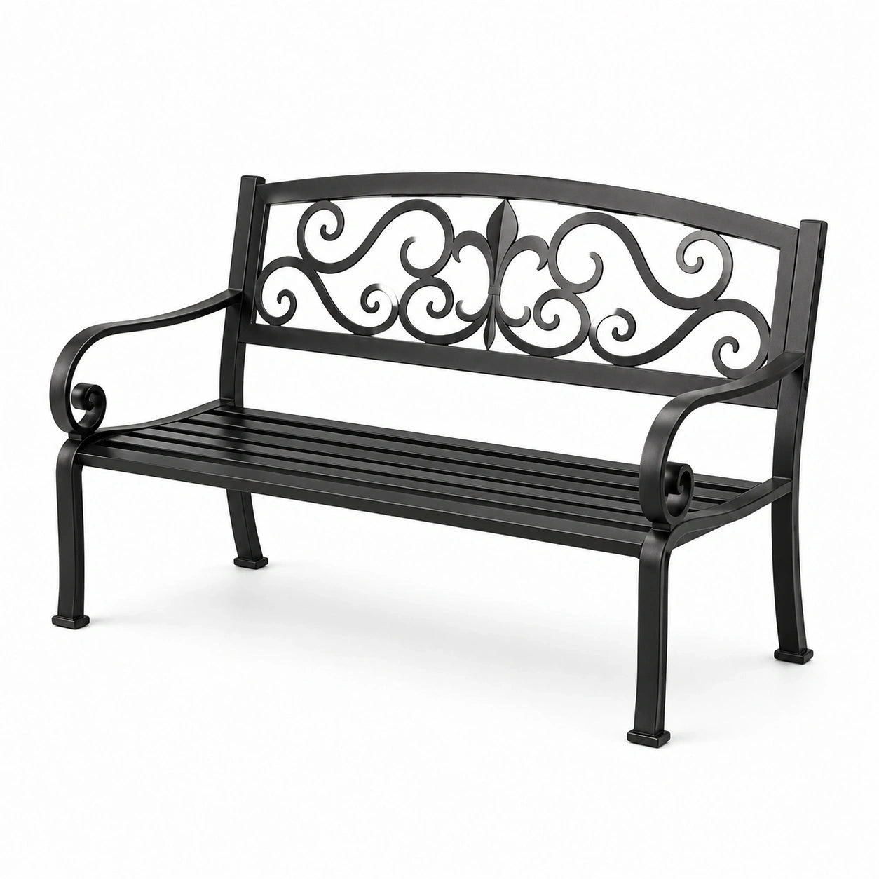 Banc de jardin en métal noir 127 × 60 × 86 cm avec dossier ornemental et accoudoirs