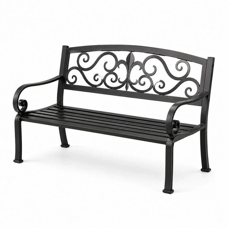 Banc de jardin en métal noir 127 × 60 × 86 cm avec dossier ornemental et accoudoirs