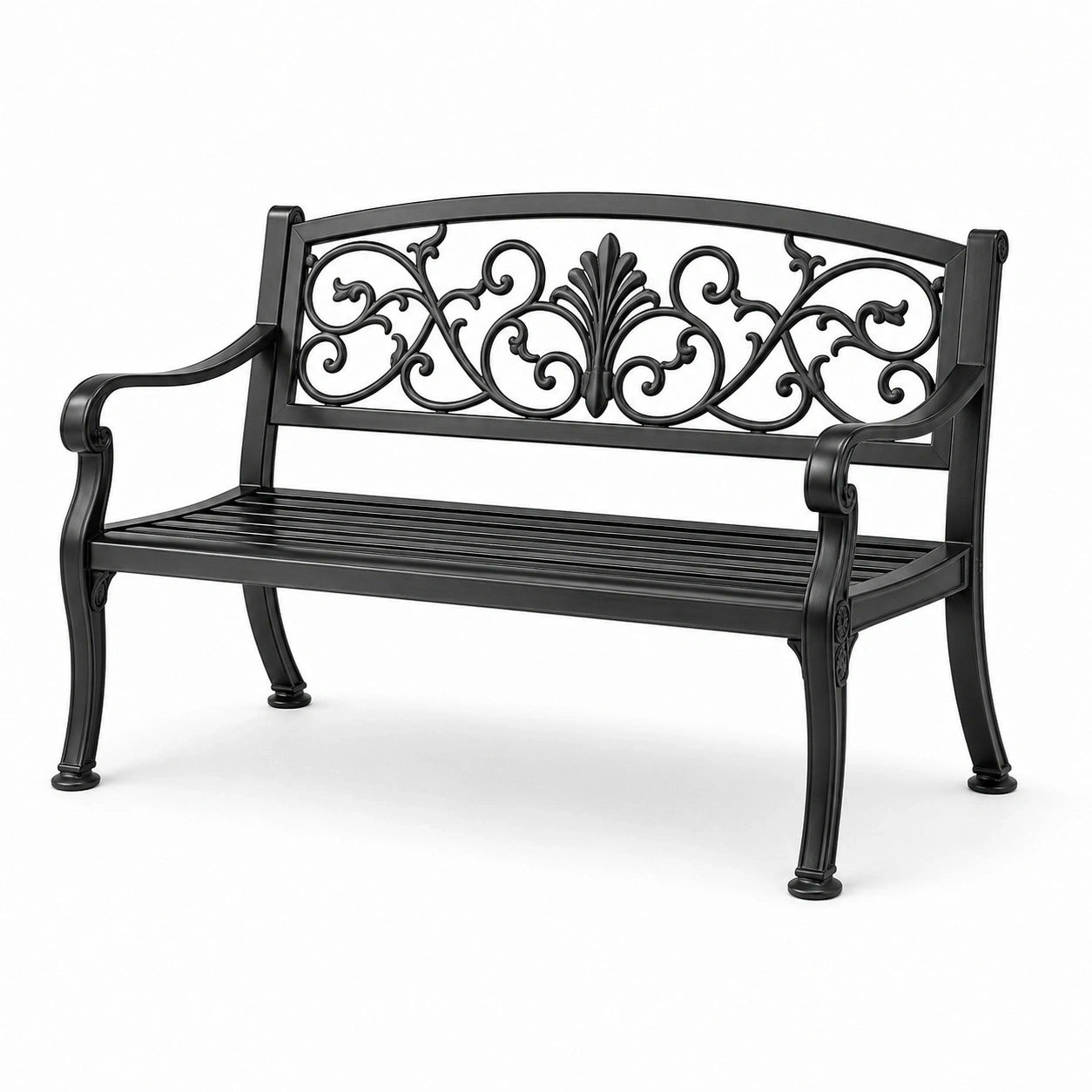 Banc de jardin 2 places en métal noir avec dossier ornemental, 127 x 60 x 87 cm