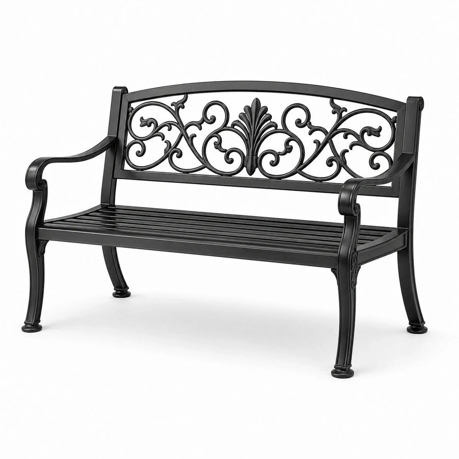 Banc de jardin 2 places en métal noir avec dossier ornemental, 127 x 60 x 87 cm
