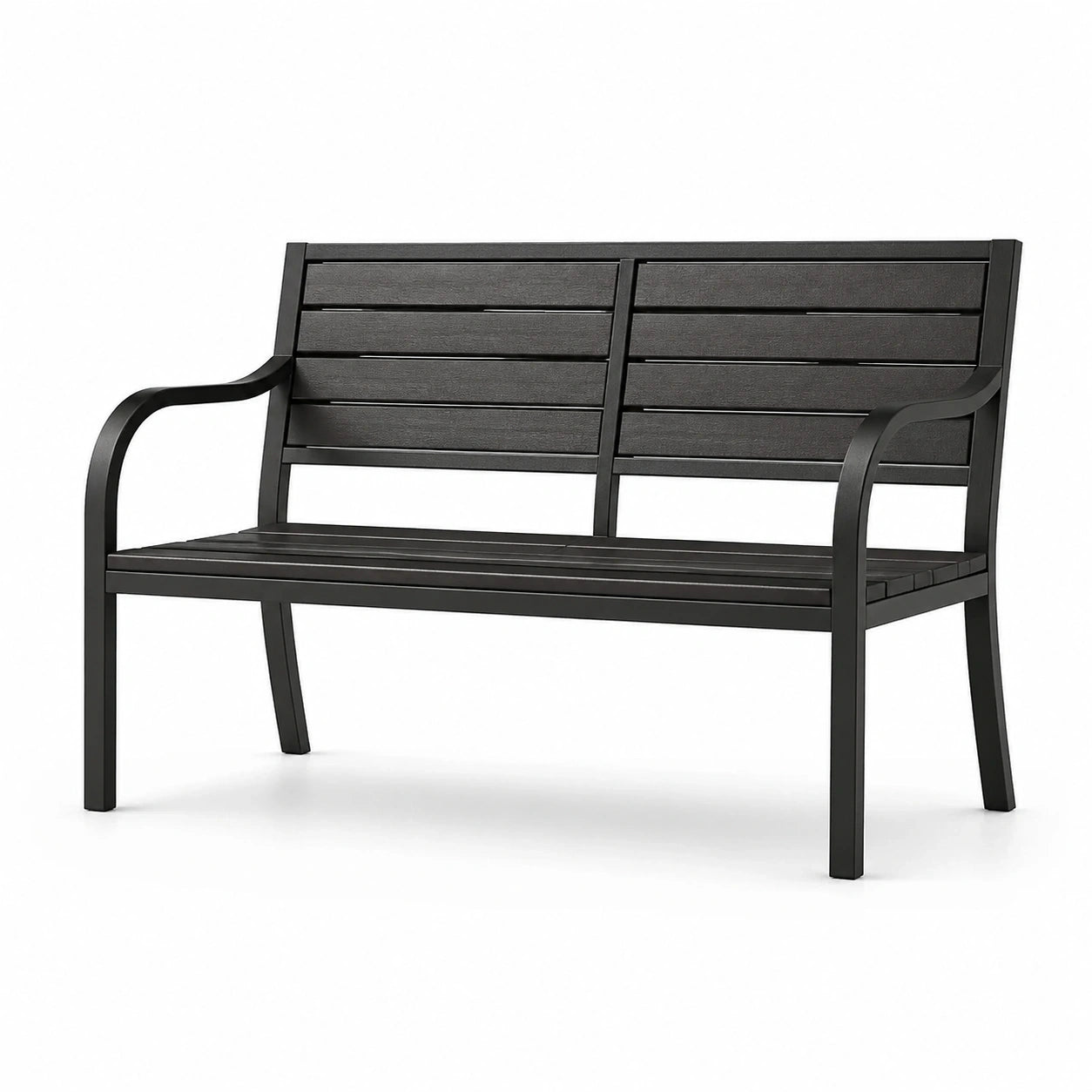 Banc de jardin 2 places en métal noir à lattes avec accoudoirs, 120 × 60 × 85 cm