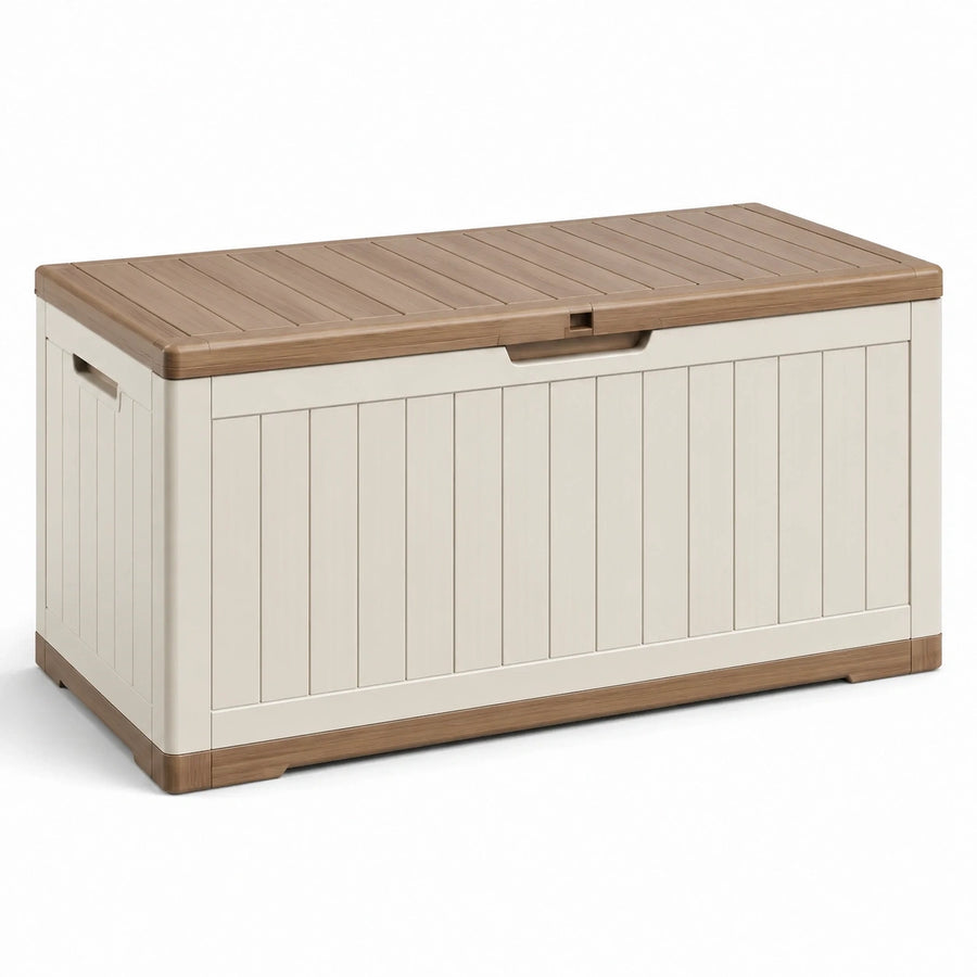 Coffre de rangement extérieur en résine beige et marron avec couvercle, 120 × 54 × 60 cm