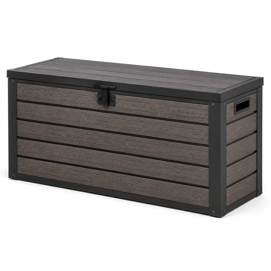 Coffre de rangement extérieur contemporain en métal et panneaux composites, gris brun et noir, 120 × 55 × 60 cm