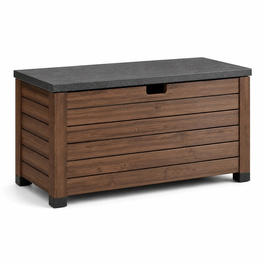 Coffre de rangement extérieur en résine effet bois marron avec couvercle gris anthracite, 120 × 55 × 65 cm
