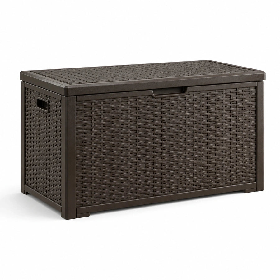 Coffre de rangement extérieur marron foncé effet rotin avec couvercle, 120 × 55 × 60 cm