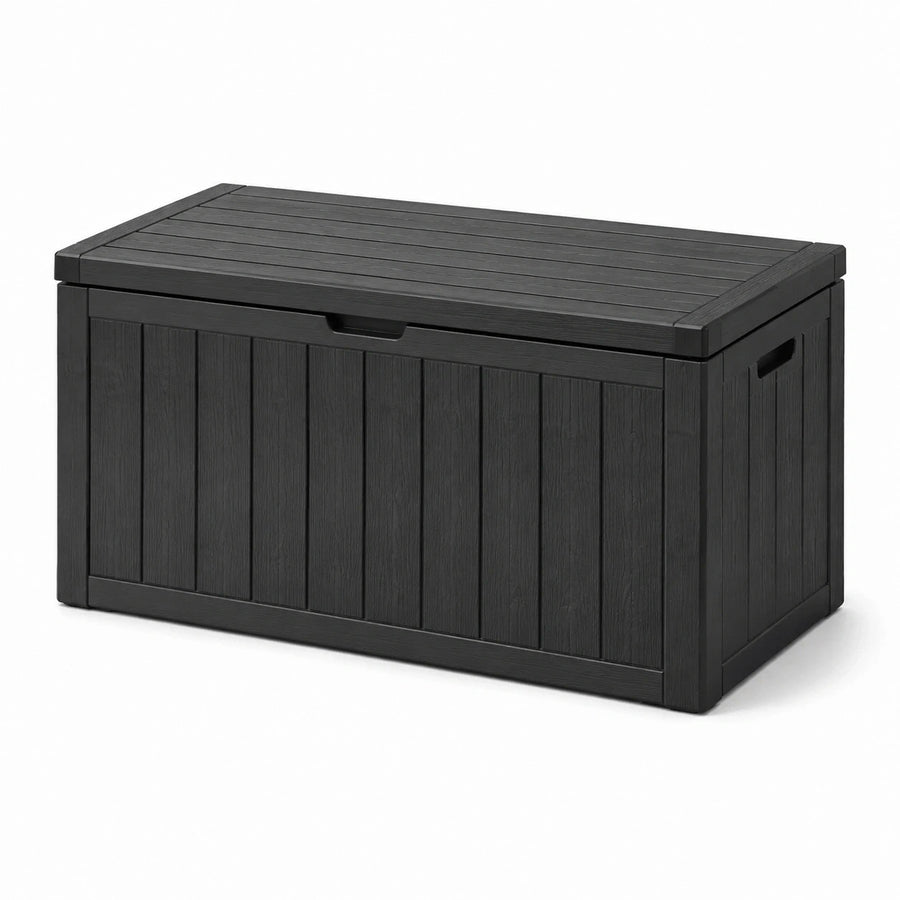 Coffre de rangement extérieur en résine noire effet bois avec couvercle, 120 × 55 × 60 cm