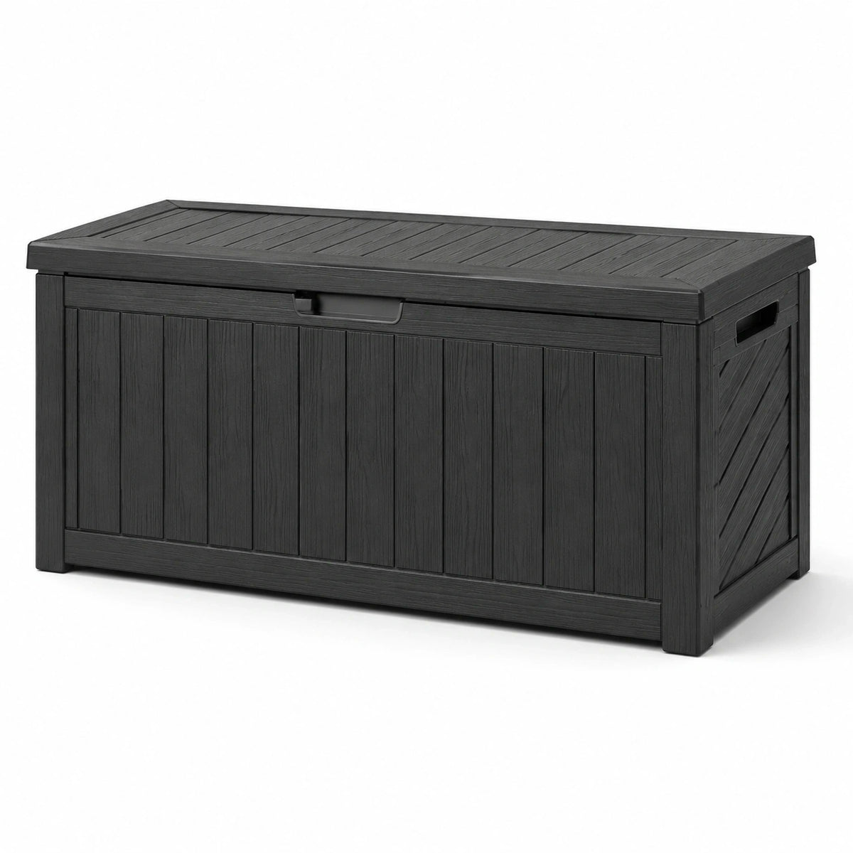 Coffre de rangement extérieur noir en résine effet bois avec couvercle, 120 × 55 × 63 cm