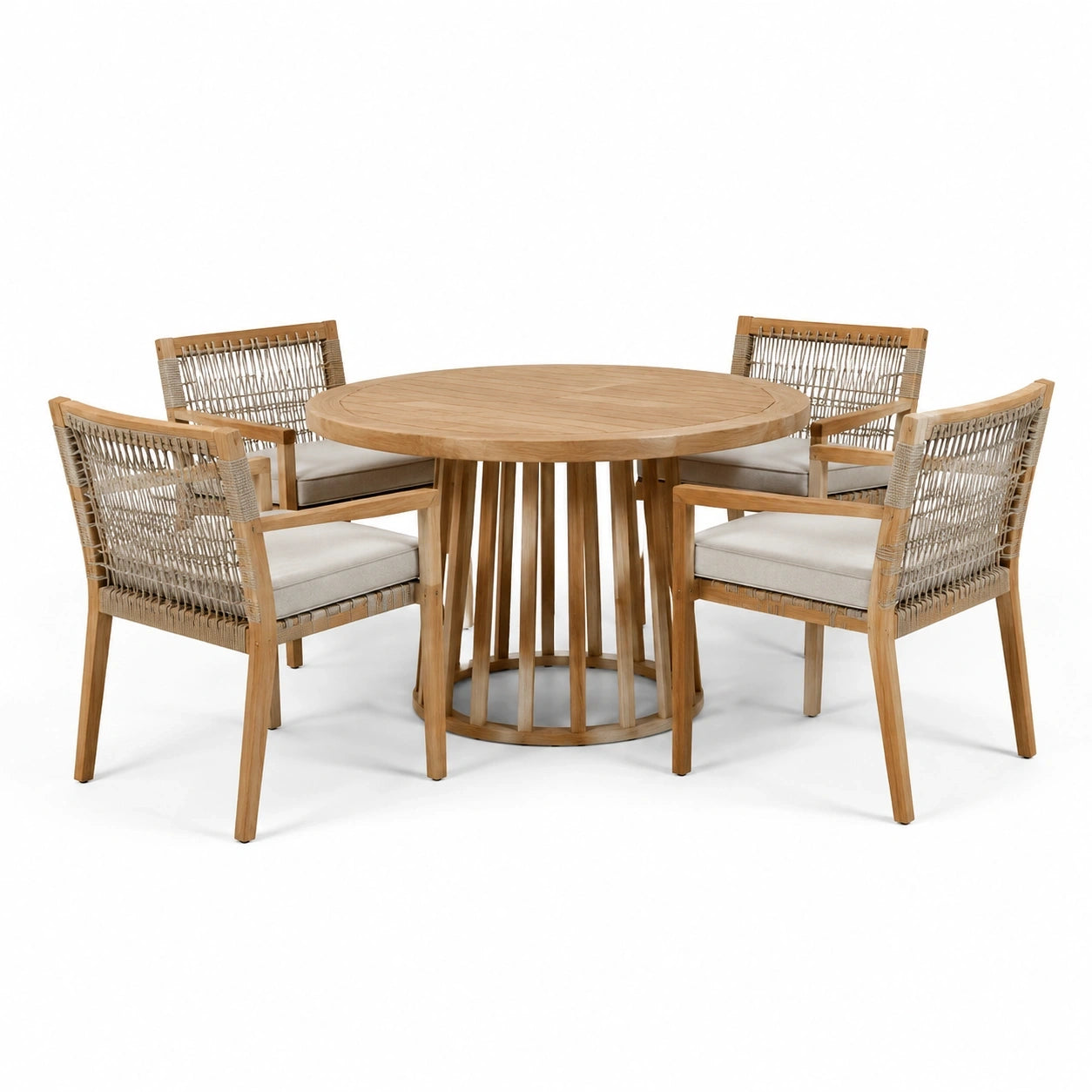 Ensemble 5 pièces en bois naturel et corde beige avec table ronde Ø 120 × H 75 cm et 4 fauteuils L 62 × P 64 × H 82 cm