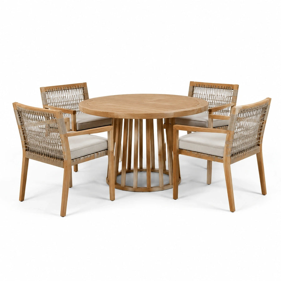 Ensemble 5 pièces en bois naturel et corde beige avec table ronde Ø 120 × H 75 cm et 4 fauteuils L 62 × P 64 × H 82 cm