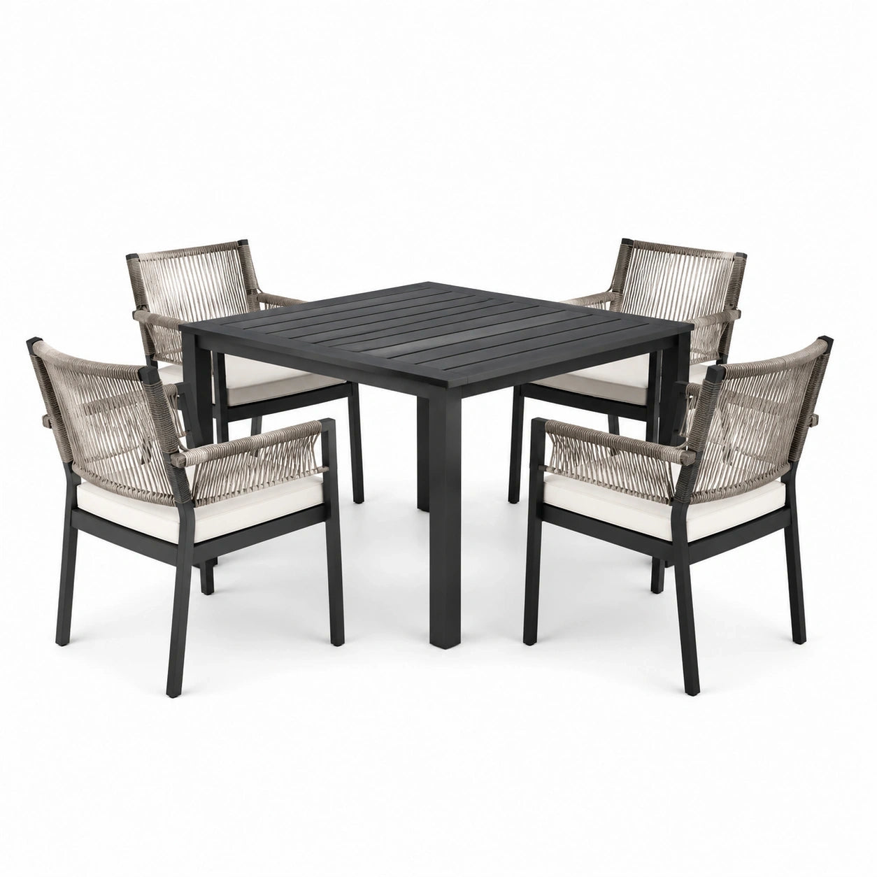 Ensemble repas de jardin 5 pièces noir, beige et blanc cassé avec table carrée 100 × 100 × 75 cm et 4 fauteuils 60 × 61 × 84 cm