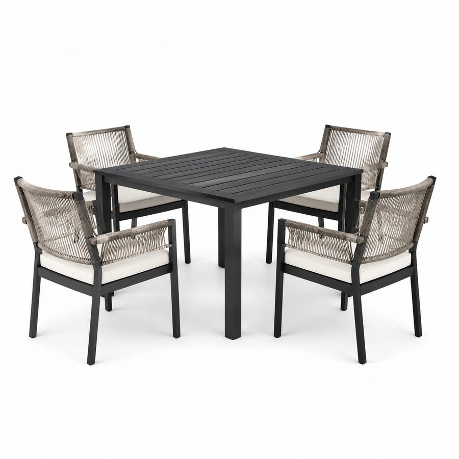 Ensemble repas de jardin 5 pièces noir, beige et blanc cassé avec table carrée 100 × 100 × 75 cm et 4 fauteuils 60 × 61 × 84 cm