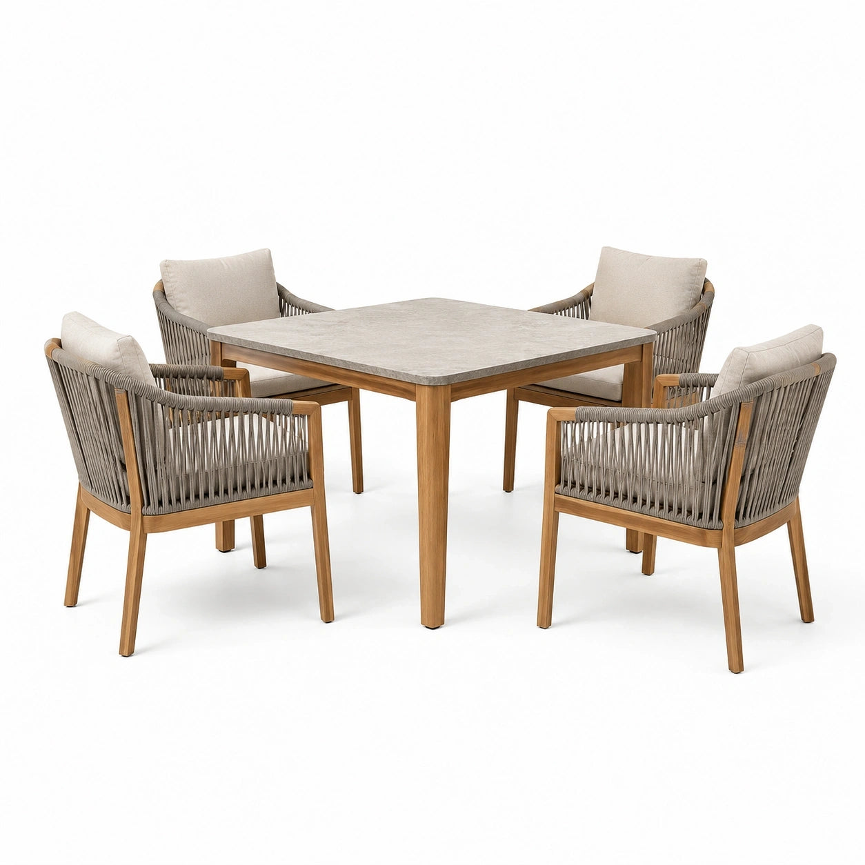 Ensemble de jardin 5 pièces avec table carrée 120 × 120 × 75 cm et 4 fauteuils 64 × 65 × 82 cm, bois naturel, gris et beige
