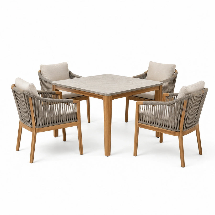 Ensemble de jardin 5 pièces avec table carrée 120 × 120 × 75 cm et 4 fauteuils 64 × 65 × 82 cm, bois naturel, gris et beige