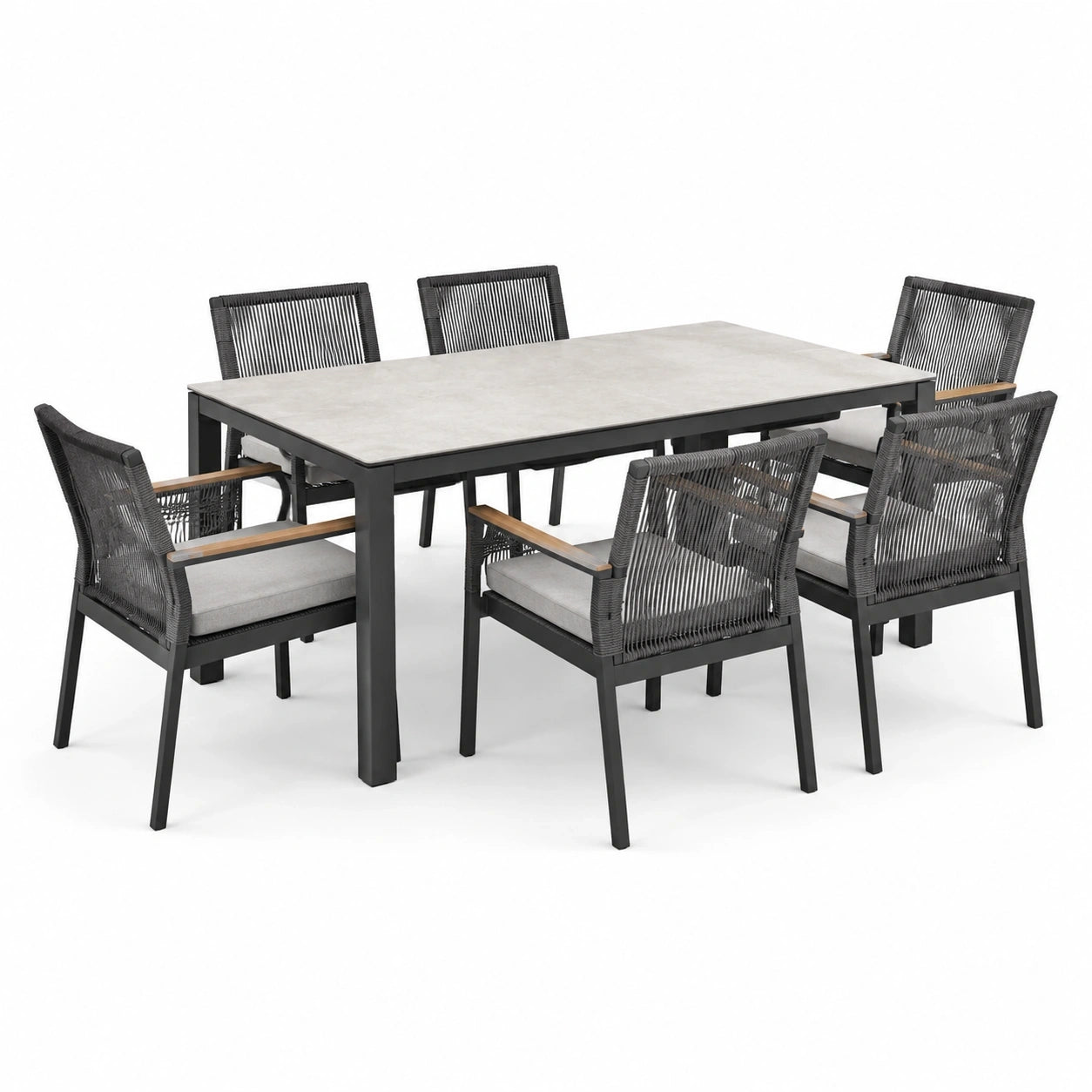 Ensemble repas de jardin 7 pièces noir, gris et brun clair – Table 180 × 90 × 75 cm avec 6 fauteuils 59 × 60 × 84 cm