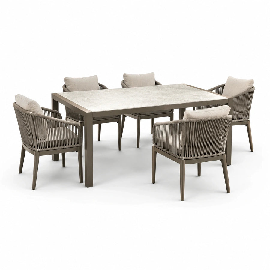 Ensemble repas de jardin 7 pièces taupe, beige et gris clair avec table 180 × 90 × 75 cm et 6 fauteuils 61 × 62 × 82 cm