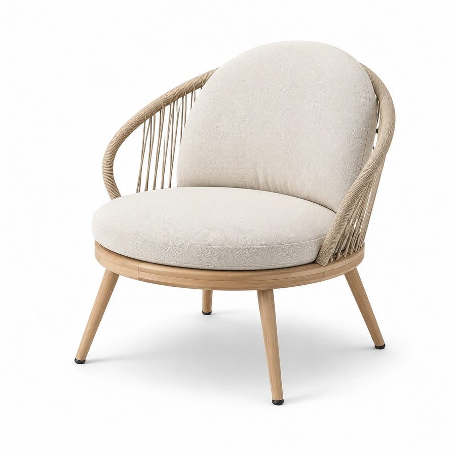 Fauteuil en bois clair et corde beige avec coussins rembourrés, 85 × 82 × 79 cm