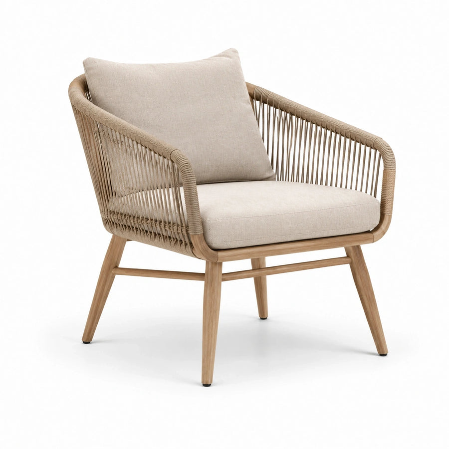 Fauteuil de jardin beige et bois naturel avec corde tressée et coussins, 79 × 78 × 82 cm