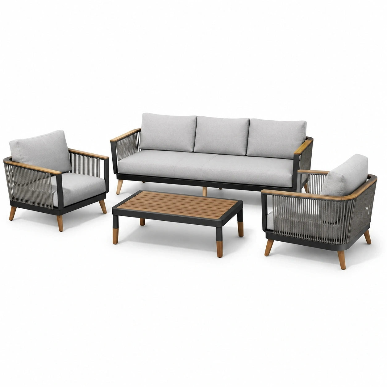 Ensemble 4 pièces gris, noir et bois naturel – canapé 3 places 200 × 80 × 80 cm, 2 fauteuils 76 × 80 × 80 cm et table basse 110 × 60 × 40 cm
