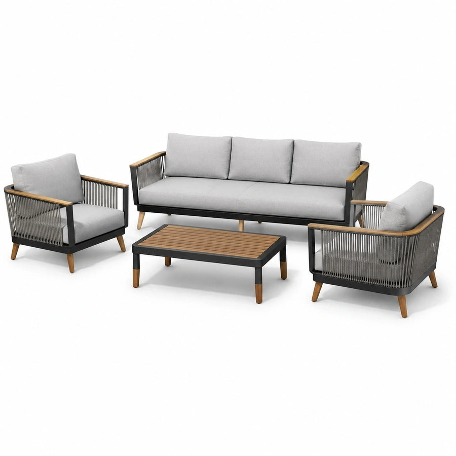 Ensemble 4 pièces gris, noir et bois naturel – canapé 3 places 200 × 80 × 80 cm, 2 fauteuils 76 × 80 × 80 cm et table basse 110 × 60 × 40 cm