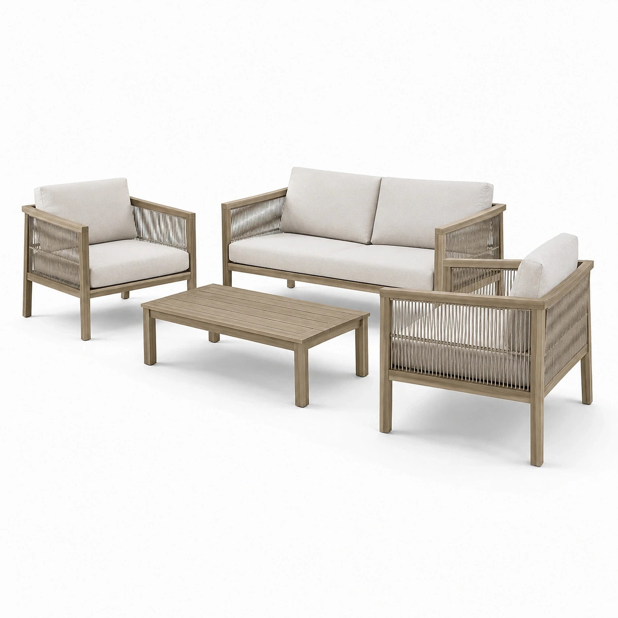 Ensemble de jardin 4 pièces en bois naturel et beige – canapé 135 × 72 × 76 cm, fauteuils 70 × 72 × 76 cm, table basse 90 × 55 × 38 cm