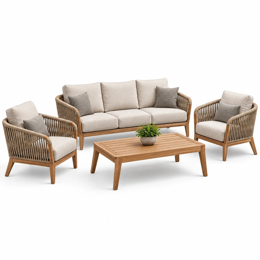 Salon de jardin 4 pièces beige, bois naturel et taupe – canapé 190 × 78 × 78 cm, 2 fauteuils 74 × 78 × 75 cm et table 120 × 65 × 40 cm