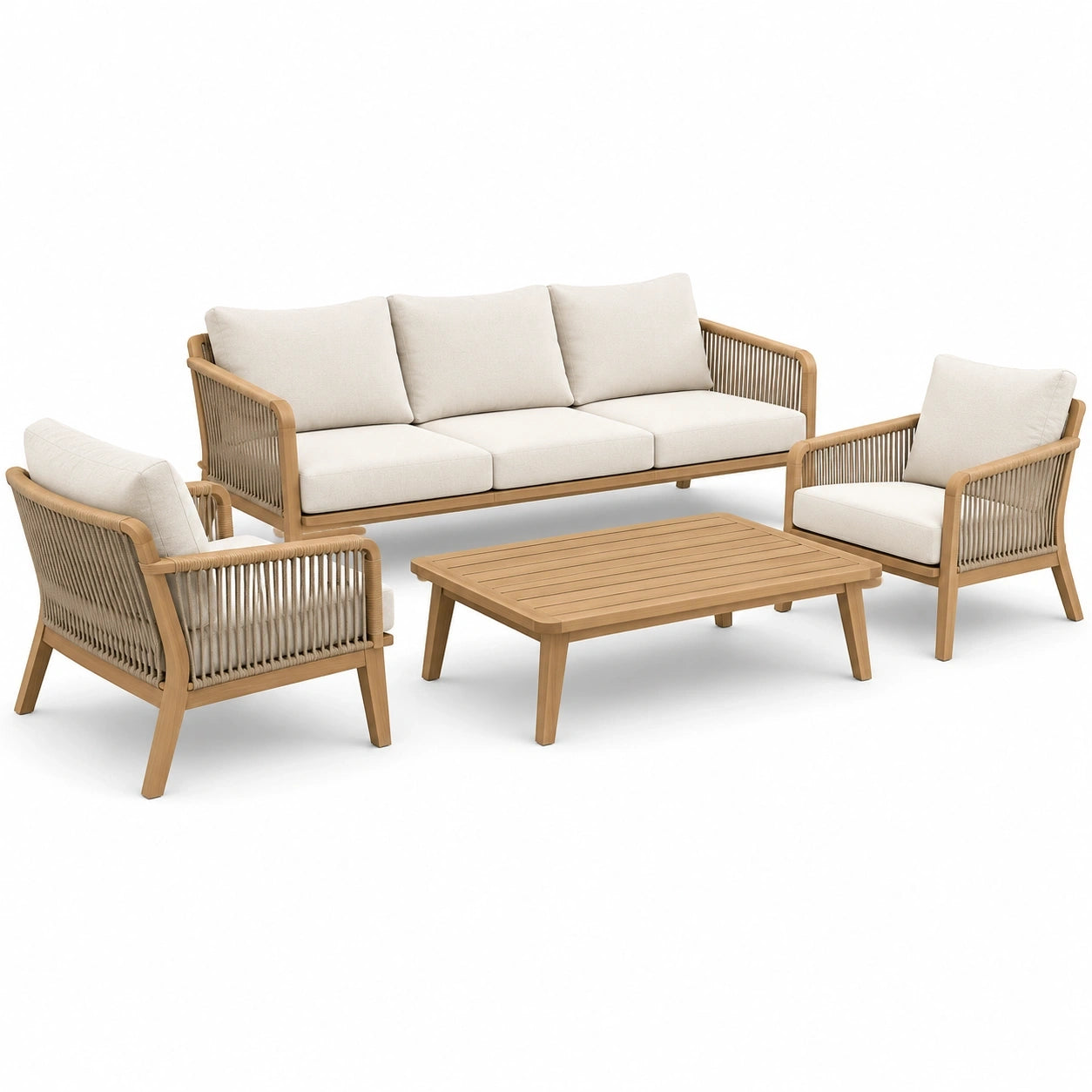 Salon de jardin 4 pièces en bois naturel, corde beige et coussins écrus – canapé 210 × 82 × 78 cm, fauteuils 78 × 82 × 78 cm, table 120 × 70 × 40 cm