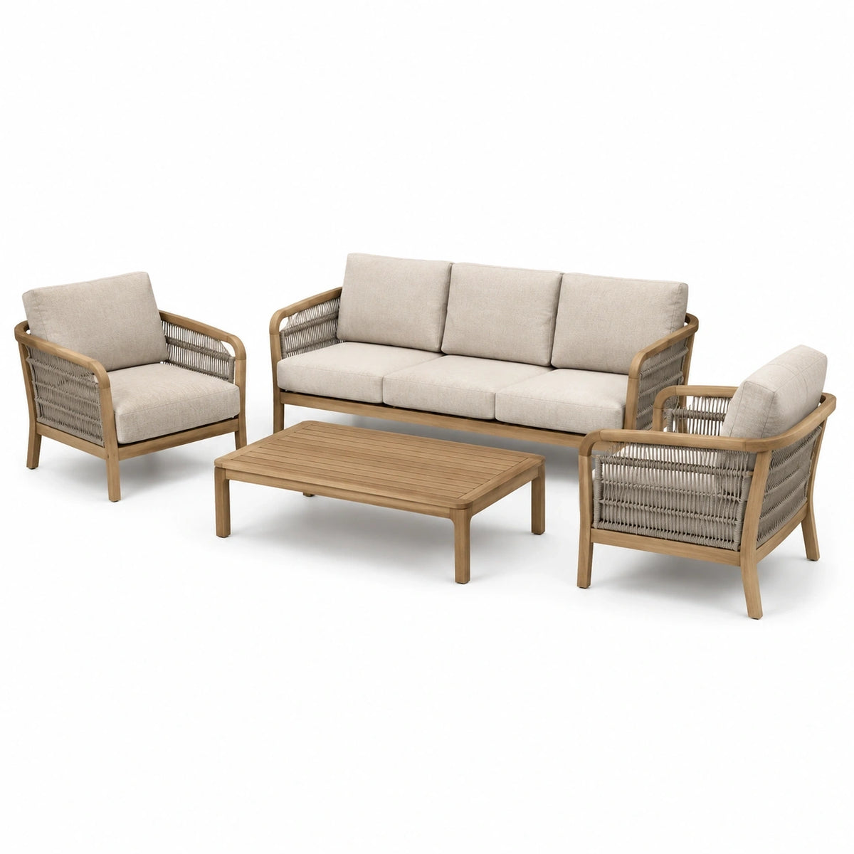 Salon de jardin 4 pièces 5 places en bois naturel, corde gris taupe et tissu beige – Canapé 190 × 78 × 78 cm, fauteuils 75 × 78 × 78 cm et table 100 × 60 × 40 cm