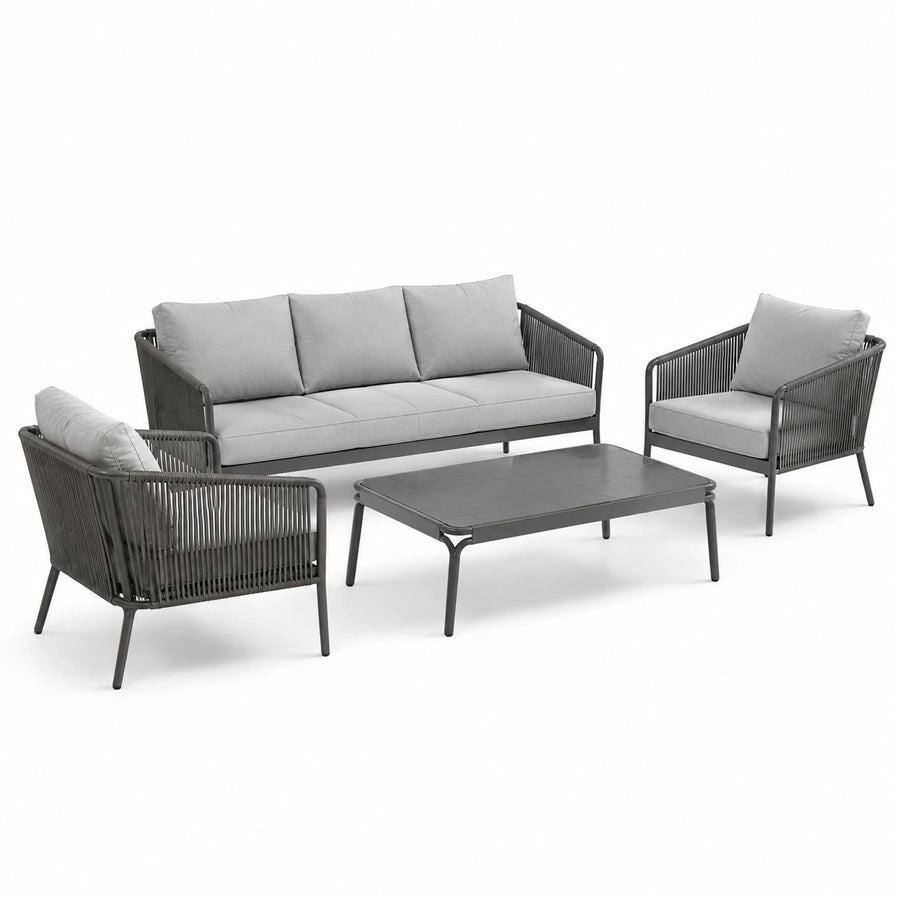 Ensemble de jardin 4 pièces 5 places gris clair et anthracite, canapé 190 × 75 × 77 cm, fauteuils 75 × 75 × 77 cm et table 120 × 65 × 42 cm