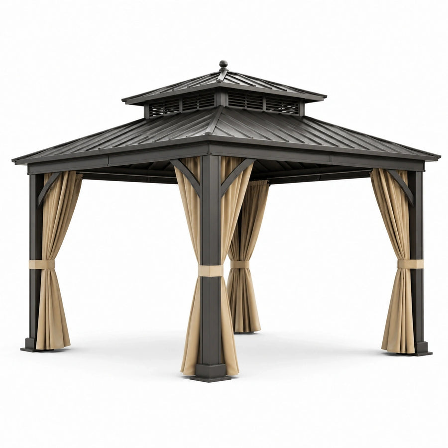 Pavillon de jardin en métal anthracite avec rideaux beiges et toit rigide à double niveau, 300 × 300 × 280 cm