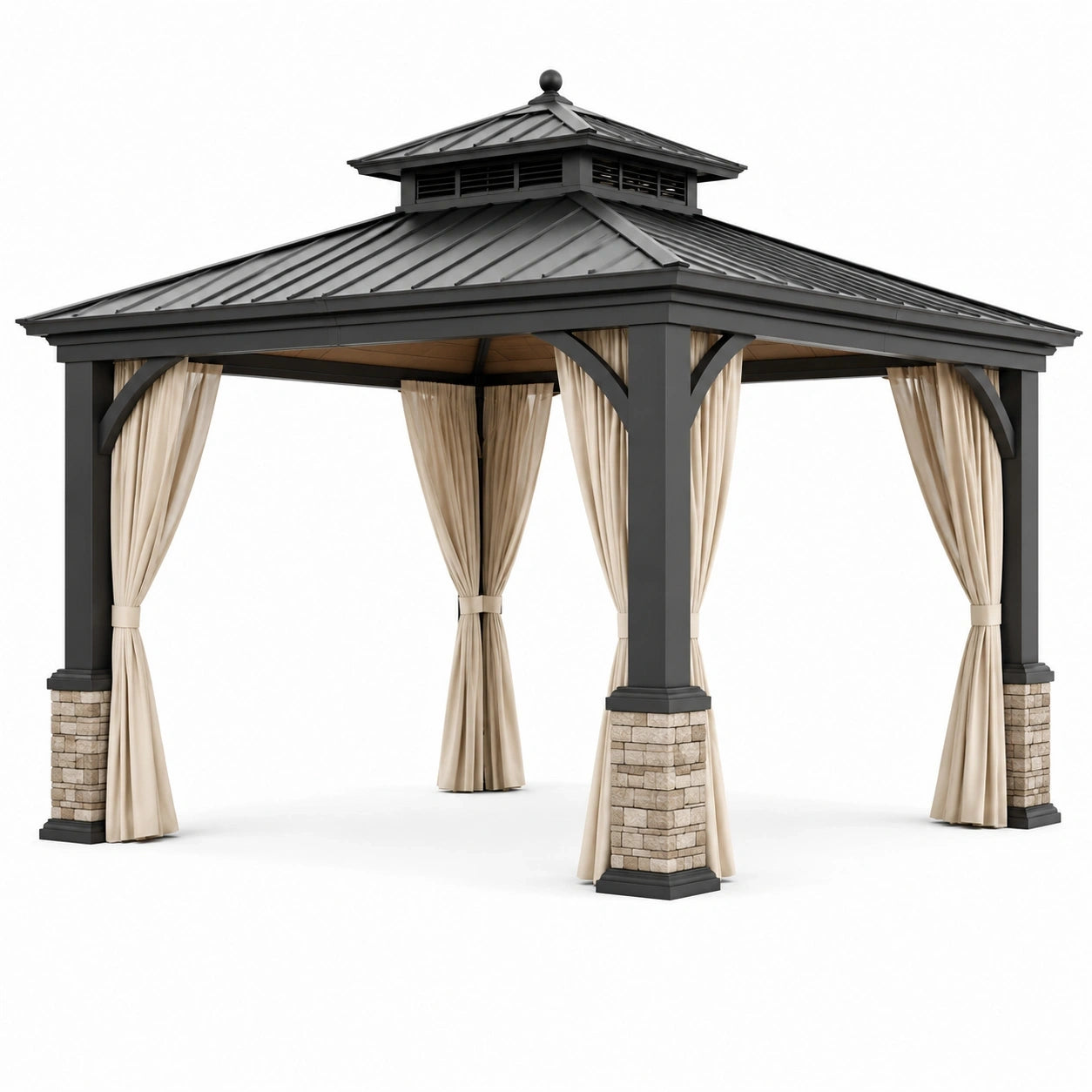 Tonnelle de jardin carrée 360 × 360 × 330 cm en métal gris anthracite avec toit rigide et rideaux beiges