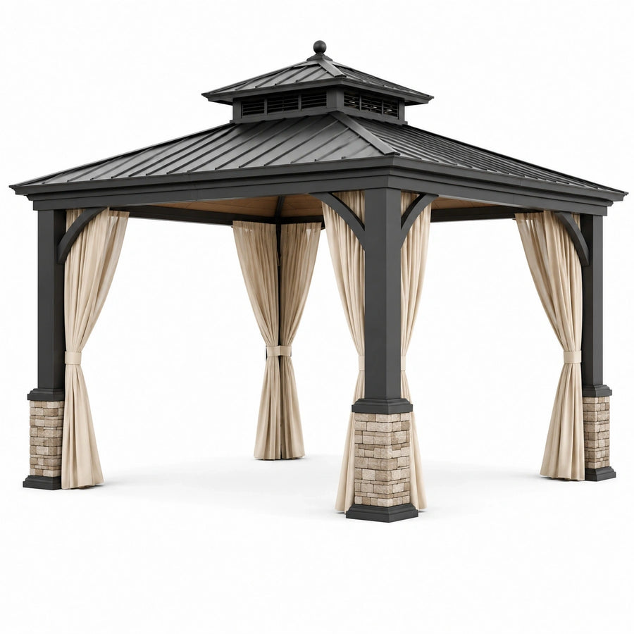 Tonnelle de jardin carrée 360 × 360 × 330 cm en métal gris anthracite avec toit rigide et rideaux beiges