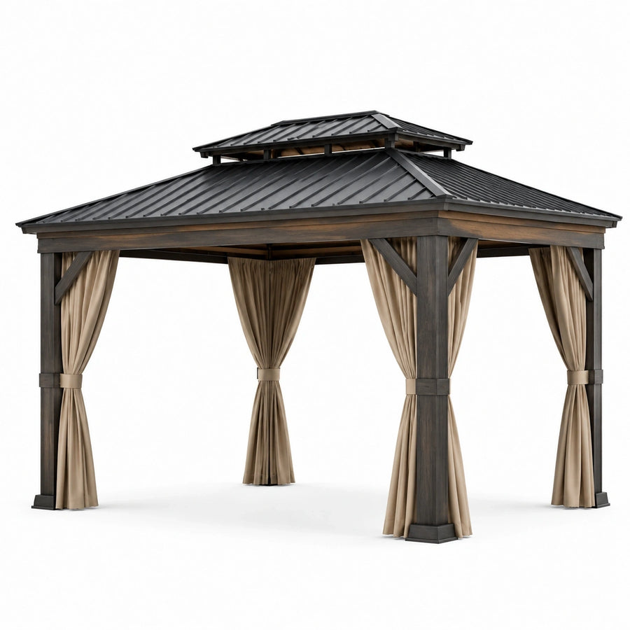 Pavillon de jardin en bois brun foncé et acier anthracite avec rideaux beiges, 400 × 300 × 280 cm
