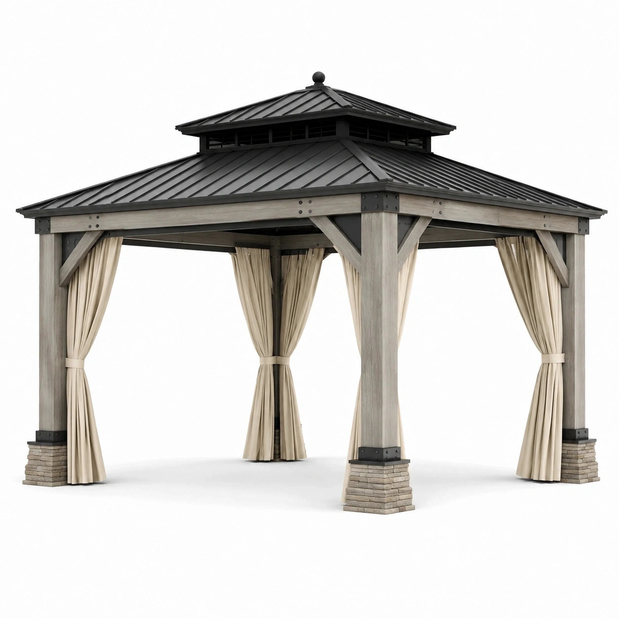 Pergola de jardin en bois gris et métal anthracite avec rideaux beiges, 365 × 365 × 320 cm
